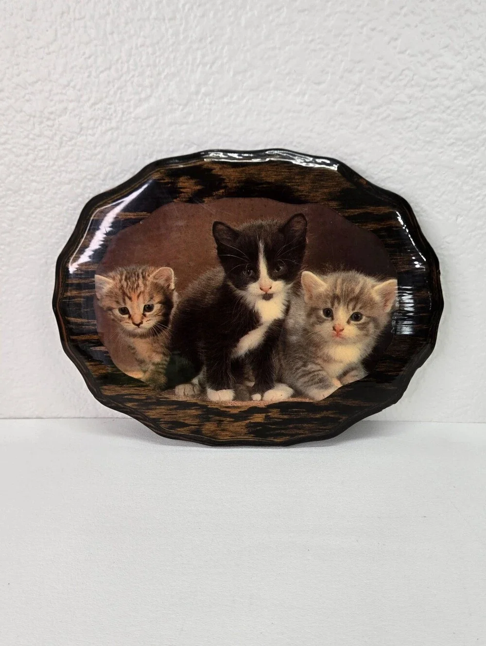 VTG 80s Decoupage Wood Plaque 3 Kittens Lacquer Frame Cat Art Wall  Kitsch